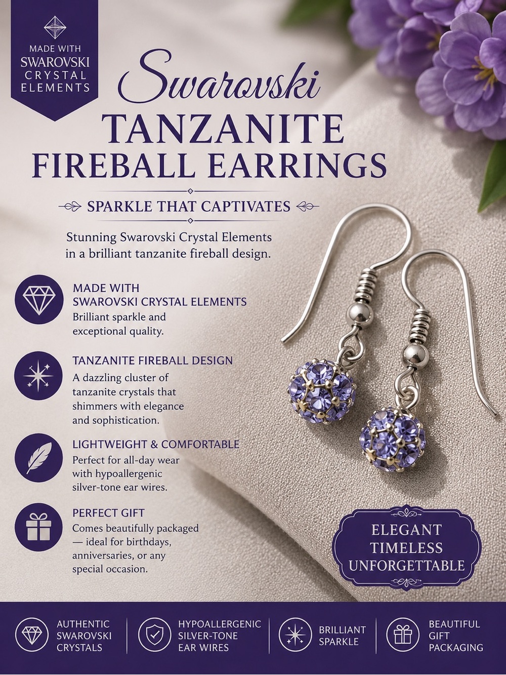 Tanzanite Crystal Cluster Drop Earrings - Light Purple